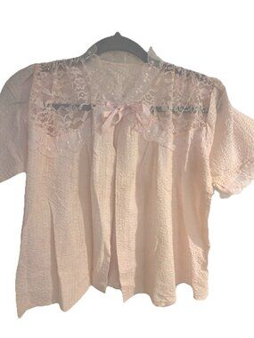 Vintage Pale Pink Trousseaux Scalloped Lace Trimmed Bed Jacket M 1950s Ribbon